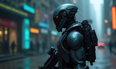 Fototapeta premium Cyberpunk Robot Soldier, Rainy City - Cyberpunk