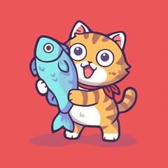 Cute Cat Holding Fish on Red