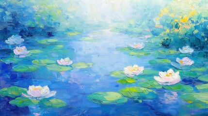 A picturesque pond with floating water lilies and shimmering reflections of sunlight, creating a peaceful and artistic composition