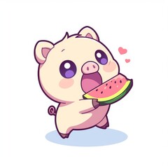 Fototapeta premium Cute Pig Eating Watermelon
