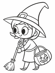 Cute Cartoon Witch Girl with Halloween Candy Bucket, Ready for Trick-or-Treating