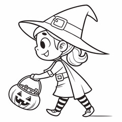 Cute Cartoon Witch Girl with Halloween Candy Bucket, Ready for Trick-or-Treating