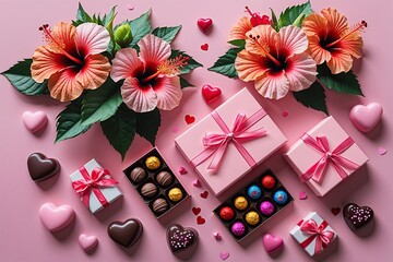Valentine's Day Fantasy: Lush Hibiscuses, Affectionate Gifts, and Colorful Chocolates on Light Pink Canvas