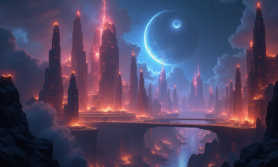 Futuristic Cityscape, Alien Planet, Night - Sci-fi & Fantasy