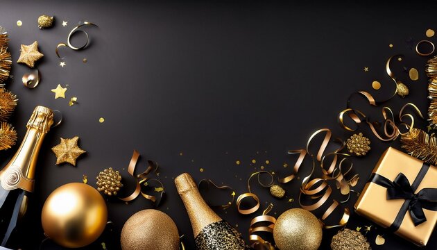 new years eve botom border of gold and black decorations streamers and champagne top view over a black banner background