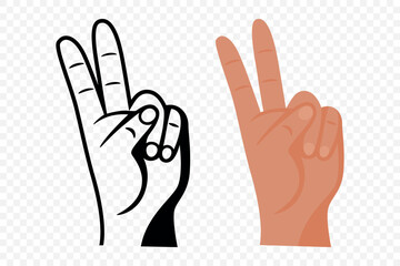 Hand Showing the Victory or Peace Sign, Flat Vector Illustration. Black and Colored Hands Making a Two Finger Gesture. Symbol of Success, Freedom, Protest. Outline and Flat Style Hand Sign Icon Set