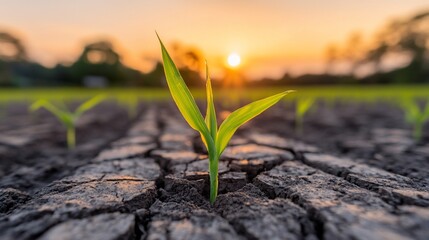 Sprout emerging, cracked earth, sunset field