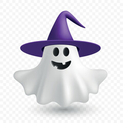 Vector 3d Realistic Happy Ghost in Witch Hat. Spooky Halloween Ghost, Cute Floating Spirit. Funny Cartoon Ghost, Isolated. Scary Character Illustration. Halloween Clipart, Smiling Ghost Vector Art