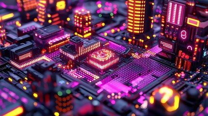 Fototapeta premium Neon Cityscape on a Microchip: A Futuristic Digital Metropolis