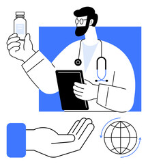 Doctor examines medicine vial while holding a tablet. Outstretched hand and globe suggest healthcare, innovation, and worldwide impact. Ideal for health, medicine, research, technology, global