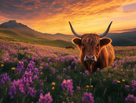Highland cow in a wild flower meadow at sunrise or sunset