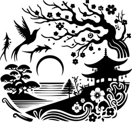 sketch vector illustration silhouette design poster painting landscape decoration ethnic traditional classic vintage china and japan