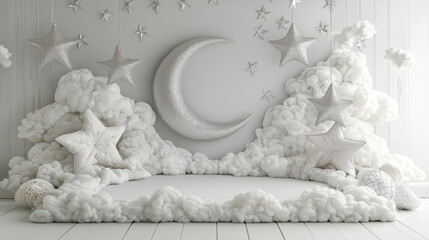 Grey photoshoot set with a big plush moon in the centre, lots of cosy cushions in front of the nighttime backdrop 