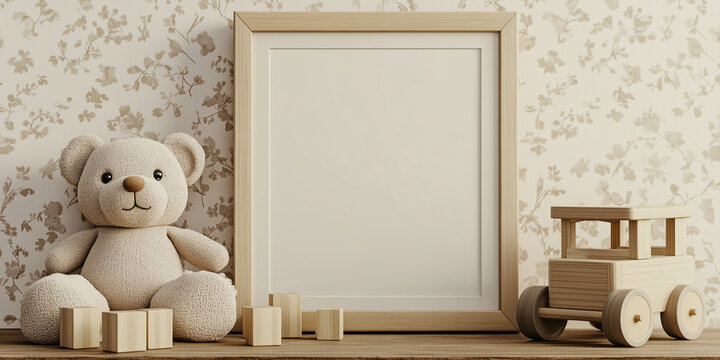 Art print mockup in a kids room nursery, teddy bear and floral wall paper