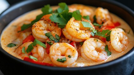 Delicious grilled shrimp served in a creamy garlic sauce, paired with rice and garnished with fresh herbs. Ideal for seafood and gourmet dining themes