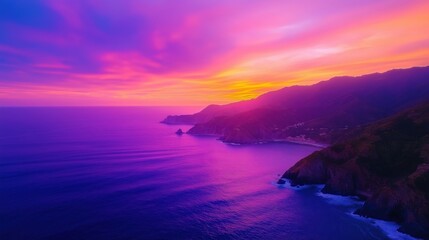 Fototapeta premium Dramatic seascape with rugged cliffs and a glowing sunset casting warm hues over the water. Perfect for travel and nature themes