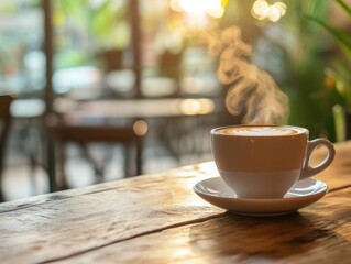 Obraz premium Relaxing Moment with Aromatic Coffee in a Cozy Urban Café Brimming with Warm Ambience and Inviting Decor for a Perfect Start