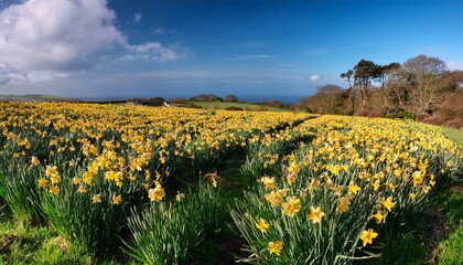 field of flowering daffodils in spring near padstow in cornwall england