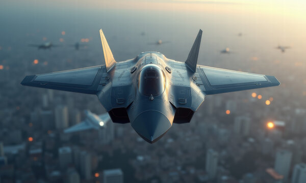 Futuristic Stealth Fighter Jet Cityscape - Futuristic technology - Powered by Adobe