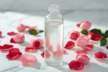 Clear glass bottle filled with water and rose petals surrounded by colorful rose petals on a marble surface