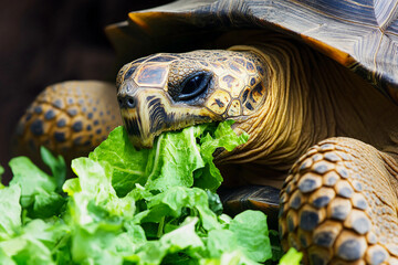 Tortoise enjoying fresh lettuce in a natural setting during daylight hours