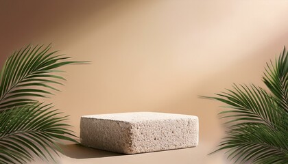 minimal modern product display on beige background with stone podium with palm leaves 3d rendering