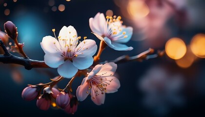 closeup of spring blossom flower on dark bokeh background macro cherry blossom tree branch