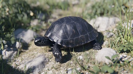 Tortoise walking rocky path, green plants background, nature scene, wildlife documentary
