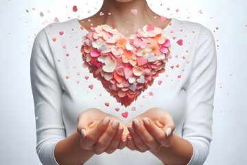 Heart Made of pastel confetti in Hands - Glowing heart floating between cupped hands, creating a romantic, magical atmosphere.