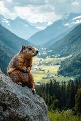 Cute groundhog in Spring field.