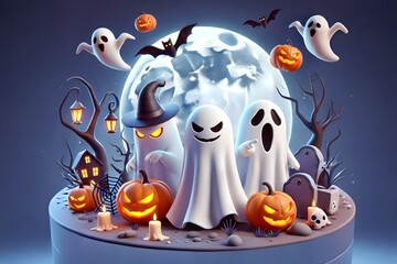 Spooky Halloween Ghost Characters - Cute cartoon ghost characters with Halloween elements and magical effects. Playful spooky illustration perfect for children's Halloween themes.