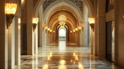 Fototapeta premium A long hallway with ornate arches and elegant lighting fixtures