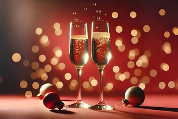 Elegant Champagne Celebration Scene - Luxurious celebration setting with champagne flutes and golden party elements. Sophisticated holiday arrangement perfect for New Year and special occasions.