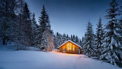 a serene snowy night featuring a warmly lit cabin nestled amidst tall pine trees deep in a winter wonderland this picturesque scene captures the essence of a peaceful winter retreat