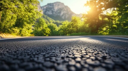 Fototapeta premium Scenic road through lush green mountains at sunset.