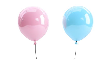 Two balloons, one pink and one blue, are floating in the air