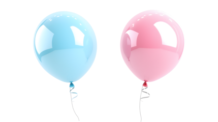 Two balloons, one blue and one pink, are floating in the air