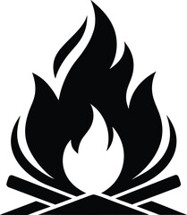 bonfire silhouette, campfire with flames, outdoor adventure symbol, vector illustration  
