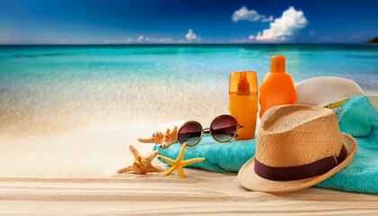 tropical beach with sunbathing accessories summer holiday background