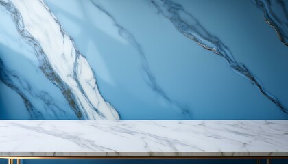 close up of an empty marble tabletop backdrop in pastel blue colour luxury interior background in minimalistic style for product display or advertisement with copy space for text