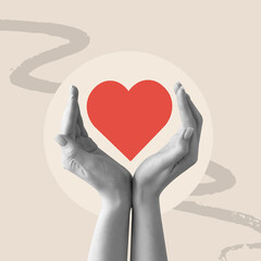 Human hand, red heart, love, collage, Composite image, Comforting, Friendship, Teenager, Empathy,...