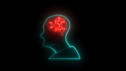 Brain and human head icon, Human head line icon illustration. Glowing neon human head on dark background. Human head with neon brain emblem, medicine, sign.