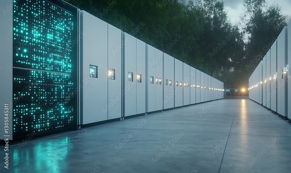 Poster ai-powered battery storage facility showcasing a futuristic design and advanced technology.