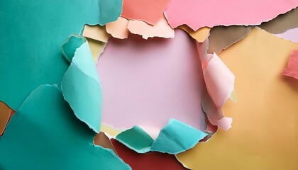 graphic background with frame made of torn paper in pastel colors and blank copy space in center