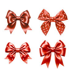 Red satin bows with polka dot and plain designs, set on transparent background. PNG with transparency, AI