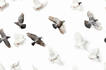 Obraz premium Diverse flock of flying pigeons against a white background