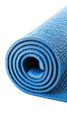 Blue Yoga Mat Rolled Up, Displaying Texture and Material Details, Perfect for Exercise and Wellness Activities at Any Fitness Location