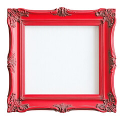 Red ornate square picture frame with intricate details, vintage style. Art decor concept