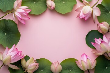 Moldura floral com flor de lótus rosa e folhas verdes vibrantes sobre fundo rosa suave, criada com IA generativa para um design delicado e natural