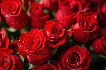 Naklejka premium Fresh red roses with dew droplets glistening